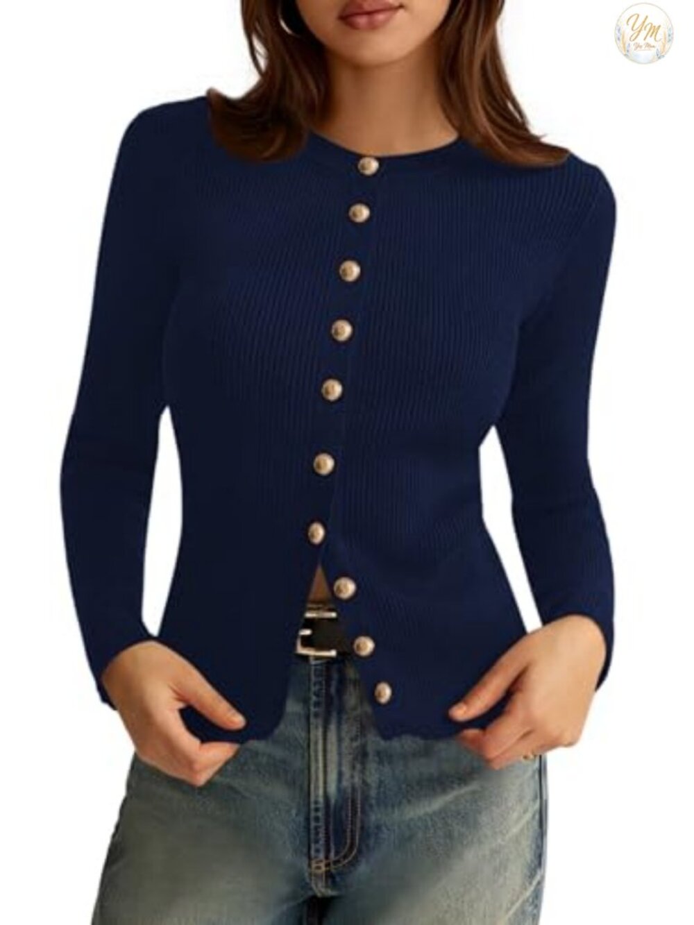 Lightweight Ribbed Knit Button Down Cardigan Sweater Long Sleeve Crewneck